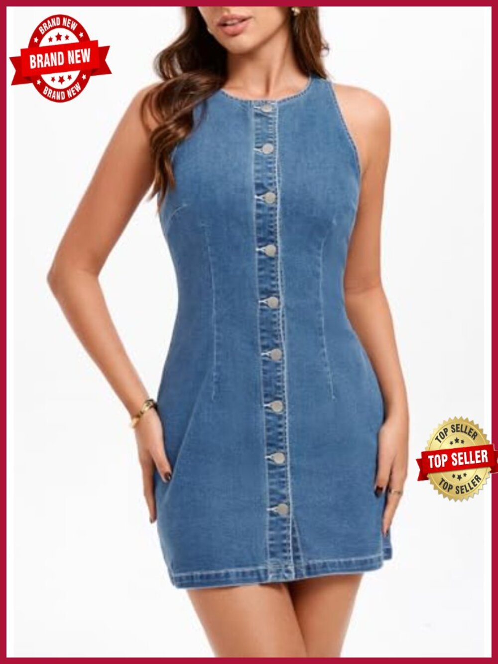 Women's Sleeveless Denim Mini Dress Stretch Button Front Bodycon - Picture 3 of 6